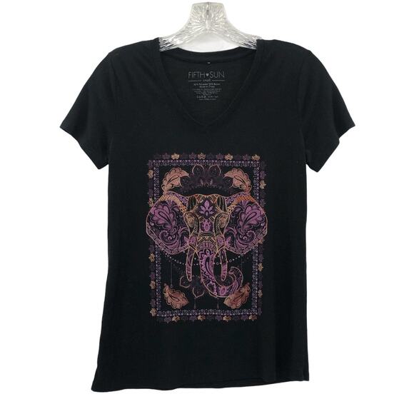 Fifth Sun SMALL Asian Elephant Henna Doodle Black Burnout Tee Small V Neck Shirt - Picture 1 of 5
